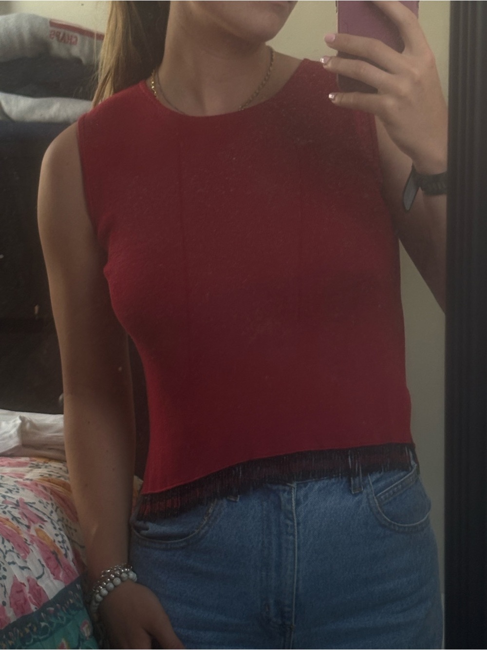 Clio Red Sleeveless Knit Tank with Fringe Hem